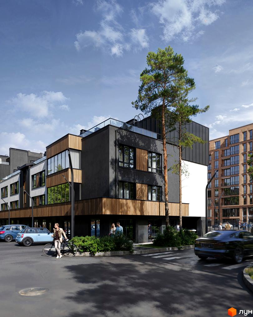 Зовнішній вигляд житлового комплексу Author з фасадами з дерева та темної штукатурки, вікнами та прибудинковою територією з деревами та автомобілями.