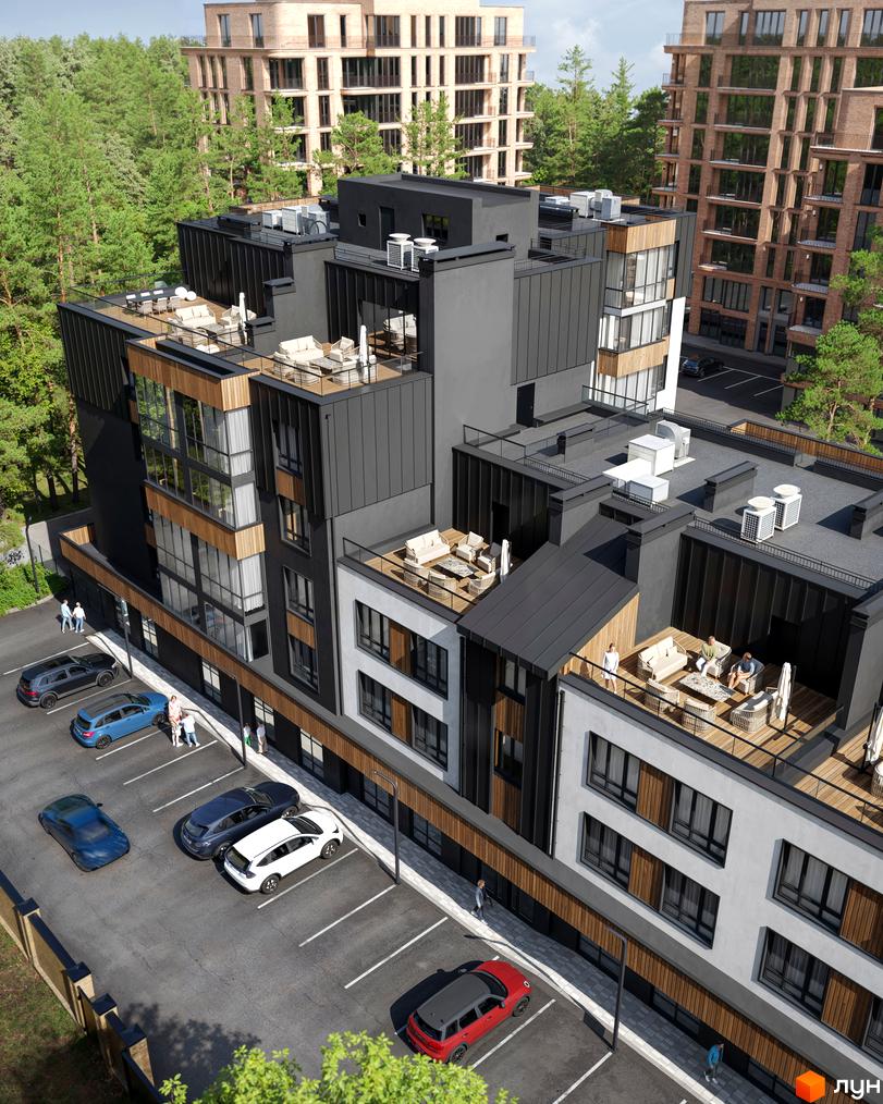 Житловий комплекс Author з темним фасадом, дерев'яними елементами та терасами на даху. Перед будинком розташована парковка.