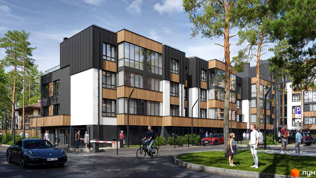 Новобудова Author з дерев'яними та чорними фасадами, великими вікнами, розташована серед сосен. На прибудинковій території видно людей, автомобілі та зелену зону.