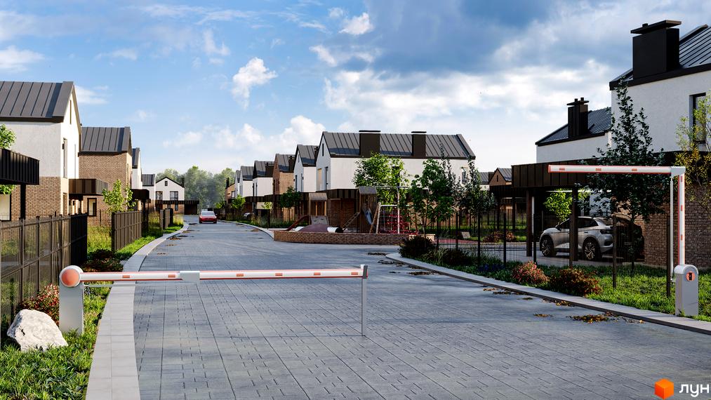 Котеджне містечко NARVILLE: фасади будинків з цегляними елементами та сірими дахами, огороджена територія з автоматичним шлагбаумом та дитячим майданчиком.