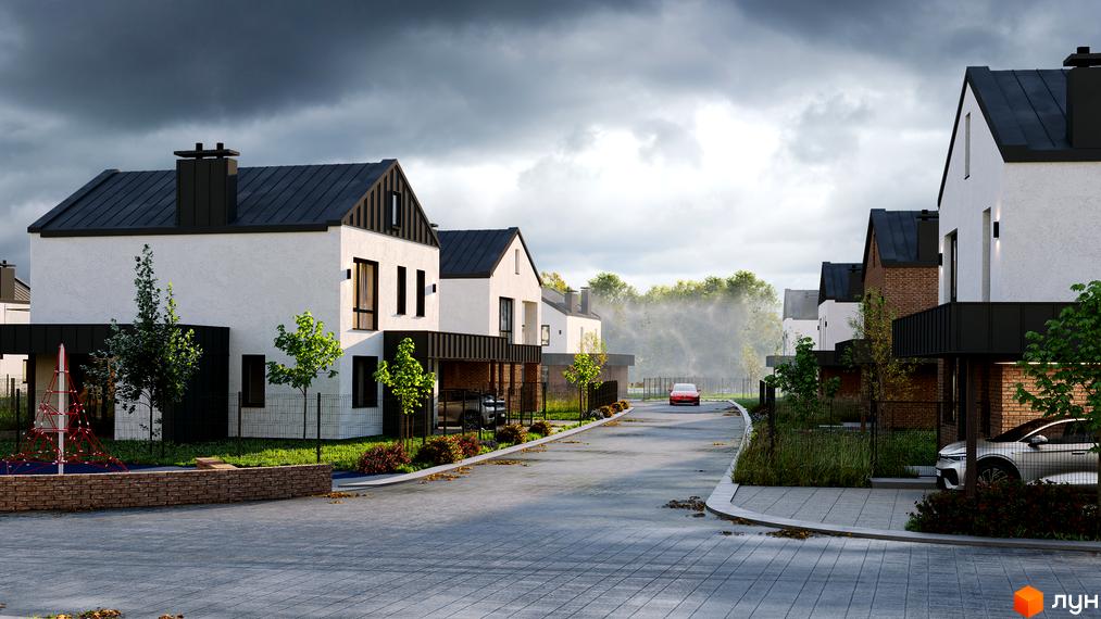 Котеджне містечко КМ NARVILLE: білі будинки з чорними дахами та парканами, зелені дерева та доглянута прибудинкова територія.