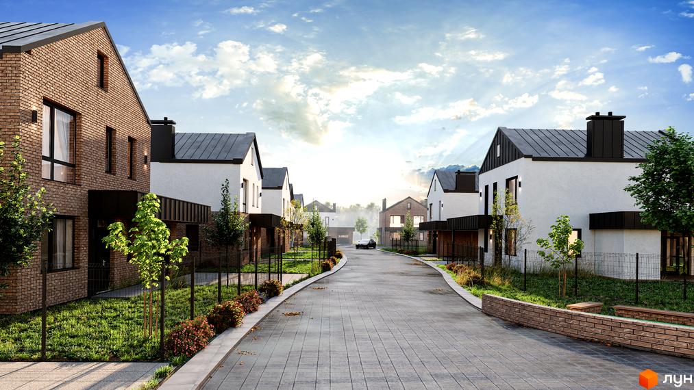 Котеджне містечко NARVILLE: цегляні та білі будинки з чорними дахами та парканом, доглянута прибудинкова територія з деревами та квітами.