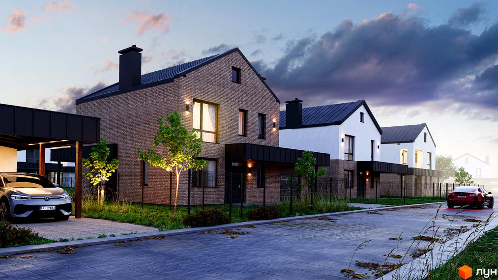 Котеджне містечко КМ NARVILLE: цегляні та білі будинки з темними дахами та прибудинковою територією з деревами та автомобілями.