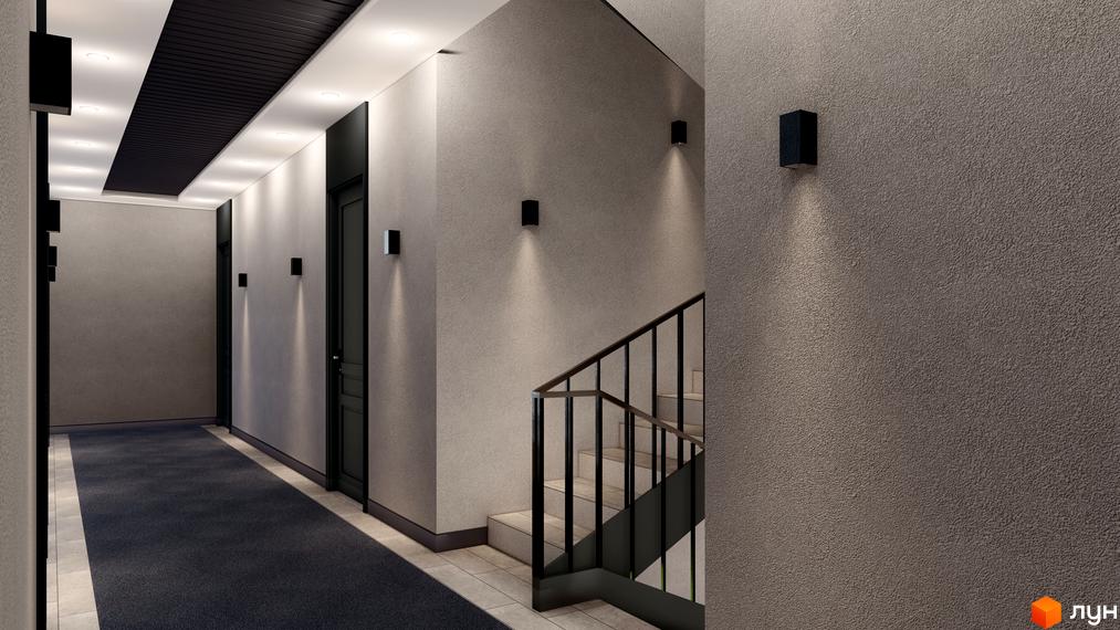 Дизайн коридору житлового комплексу K-APART з дверима та сходами. Сучасне освітлення та оздоблення стін.