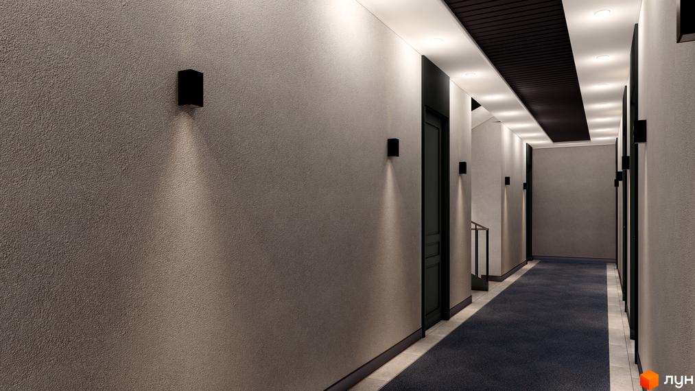 K-APART: сучасний коридор з дверима та освітленням. Оцініть дизайн та планування квартир у новобудові.