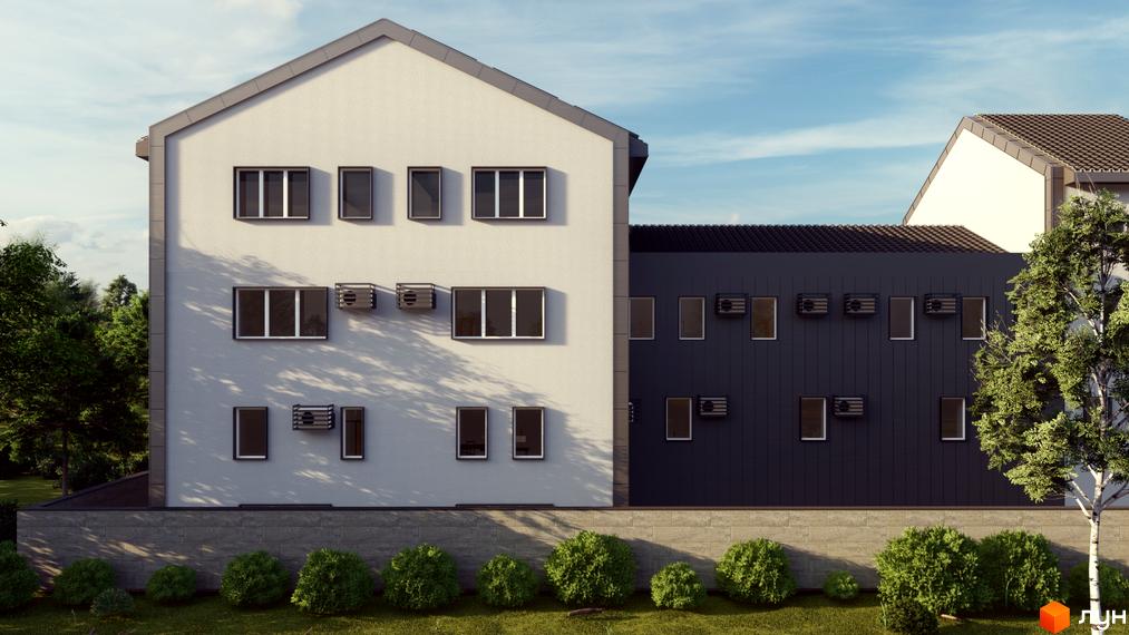 Зовнішній вигляд житлового комплексу K-APART з білою та темно-сірою фасадною частиною, вікнами та кондиціонерами. Прибудинкова територія з газоном та кущами.