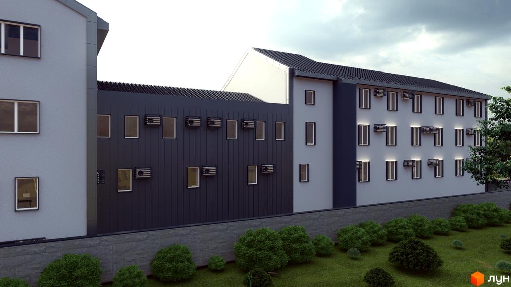 Зовнішній вигляд житлового комплексу K-APART з численними вікнами та кондиціонерами, зелена прибудинкова територія з кущами.