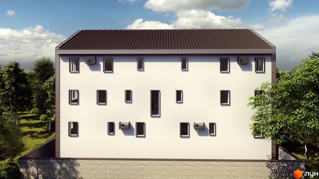 Зовнішній вигляд будинку житлового комплексу K-APART з численними вікнами та кондиціонерами, оточеного деревами та зеленою територією.