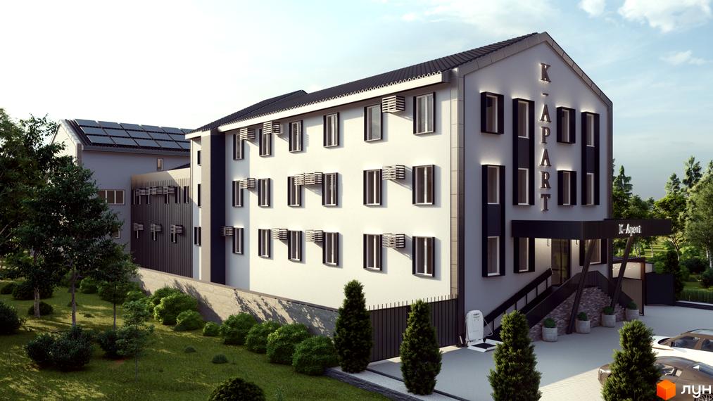 Зовнішній вигляд новобудови K-Apart з численними вікнами та сонячними панелями на даху. На прибудинковій території розташовані дерева та кущі.