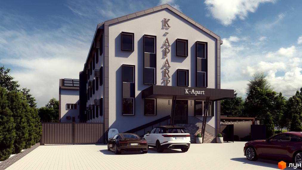 Будинок K-Apart з великою кількістю вікон та вхідною групою, поруч припарковані автомобілі та зелені насадження.