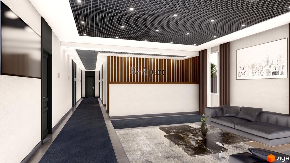 Лобі житлового комплексу K-APART з рецепцією та диванною зоною. Сучасний дизайн інтер'єру з акцентом на функціональність та комфорт.