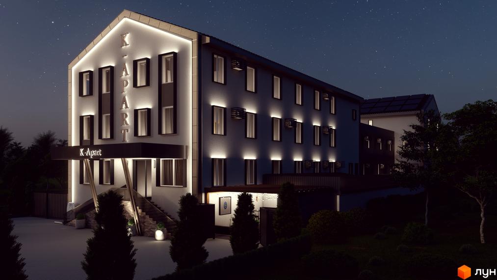 Зовнішній вигляд новобудови K-Apart з підсвіченим фасадом та вікнами вночі. Прибудинкова територія з деревами та освітленням.