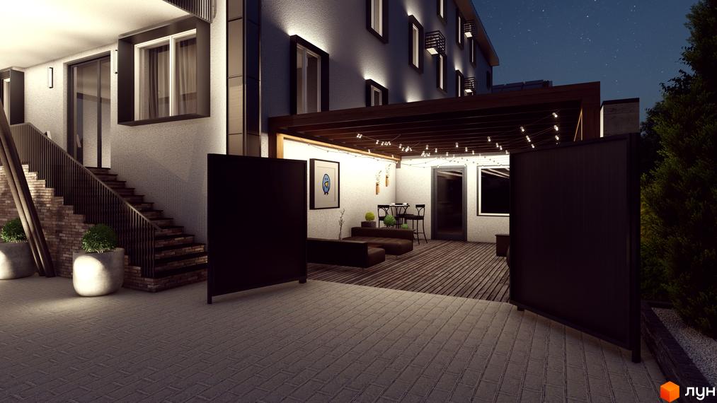 K-APART: Зовнішній вигляд будинку з терасою, освітленою гірляндами, та сходами, що ведуть до нього. Прибудинкова територія з бруківкою та зеленими насадженнями.