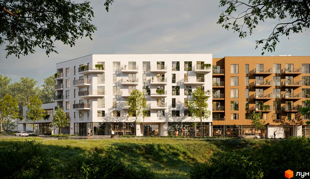 Зовнішній вигляд житлового комплексу Novolit з білою та дерев'яною обшивкою, балконами та великими вікнами. Навколо комплексу зелена територія з деревами та дорогою.