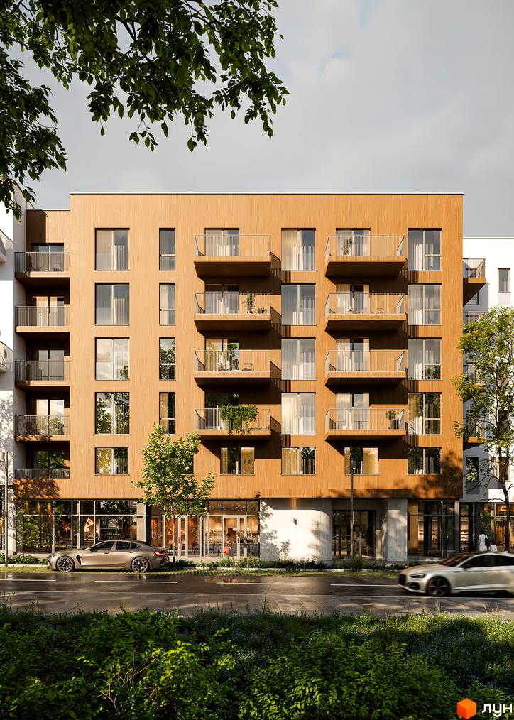 Житловий комплекс Novolit – фасади з дерев'яним оздобленням, балкони та вікна, що виходять на вулицю з автомобілями та зеленню.