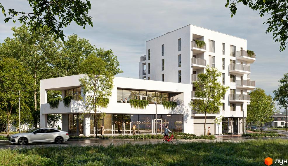 Новобудова Novolit з білою фасадною частиною та балконами, оточена зеленню. Поруч дорога з автомобілем та велосипедом.