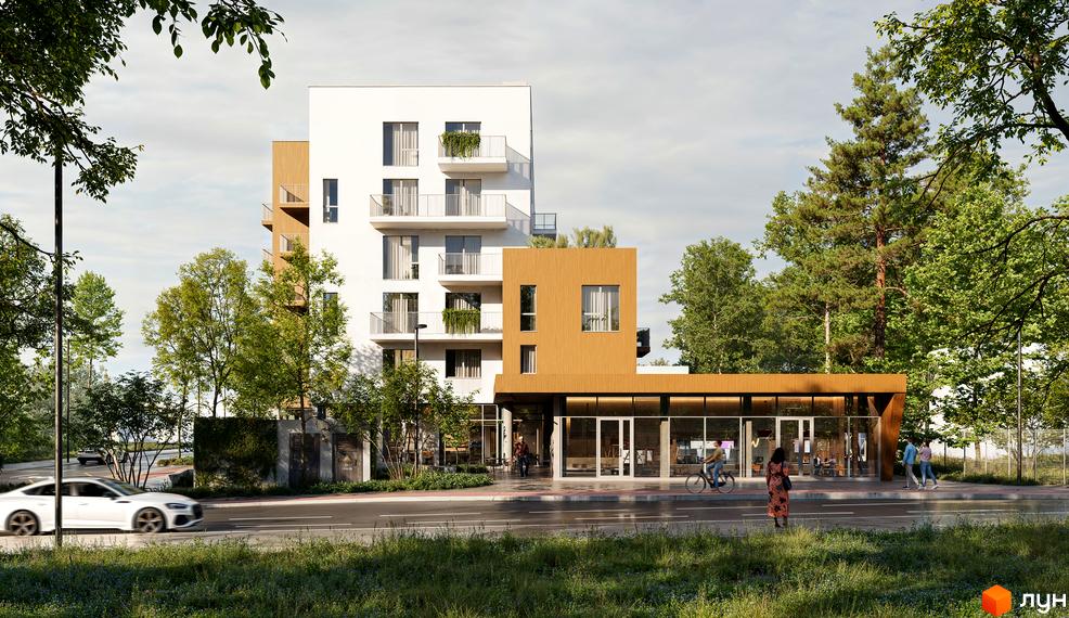 Житловий комплекс Novolit – це сучасна новобудова з білою та дерев'яною обробкою фасадів, балконами та великими вікнами. Територія навколо будинку озеленена деревами та має доглянутий вигляд.