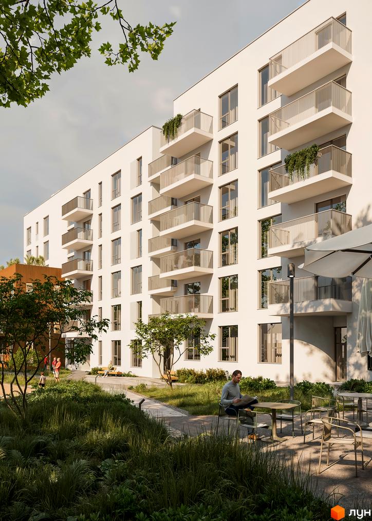 Житловий комплекс Novolit з білими фасадами та балконами, оточений зеленою прибудинковою територією з місцями для відпочинку.