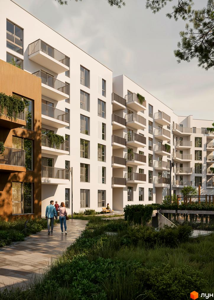Novolit - сучасний житловий комплекс із білими фасадами, балконами та дерев'яними елементами. Прибудинкова територія з доглянутими зеленими насадженнями та пішохідними доріжками.