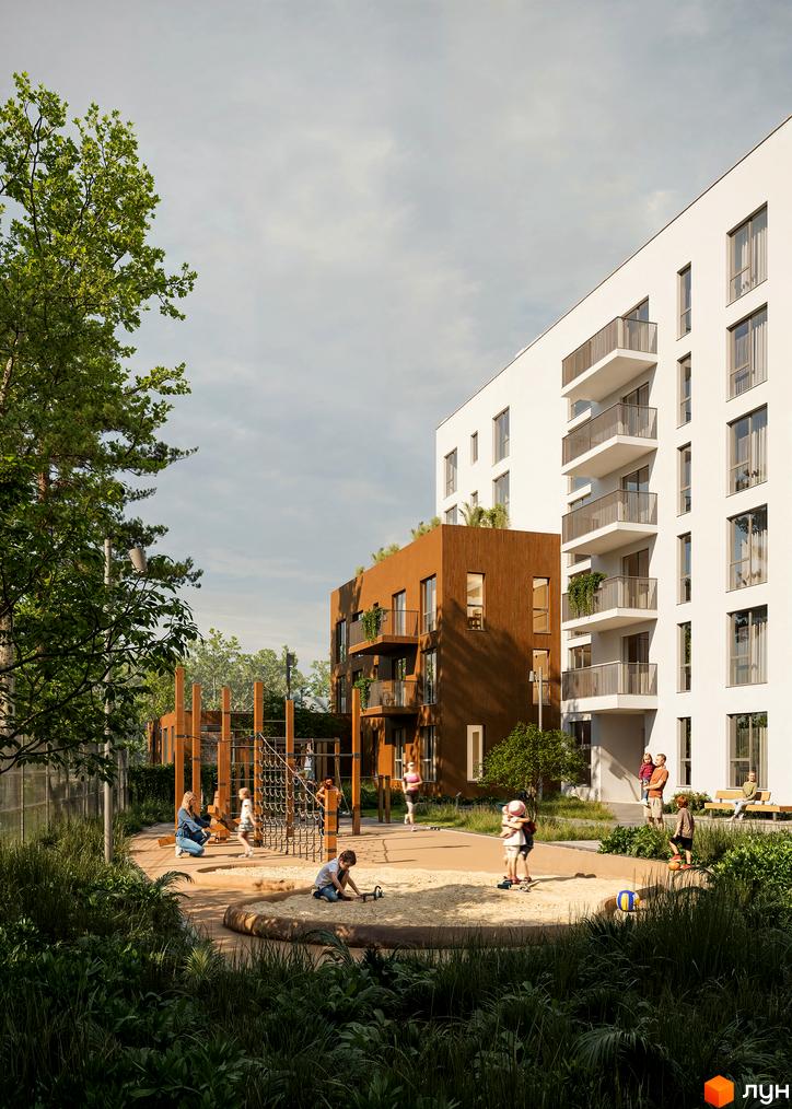 Житловий комплекс Novolit: біла багатоповерхівка та коричнева будівля з балконами, дитячий майданчик з пісочницею та зеленою зоною.