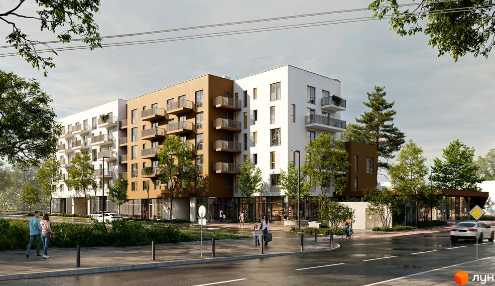 Новобудова Novolit з біло-коричневим фасадом, балконами та зеленою прибудинковою територією. На вулиці видно пішоходів та автомобілі.