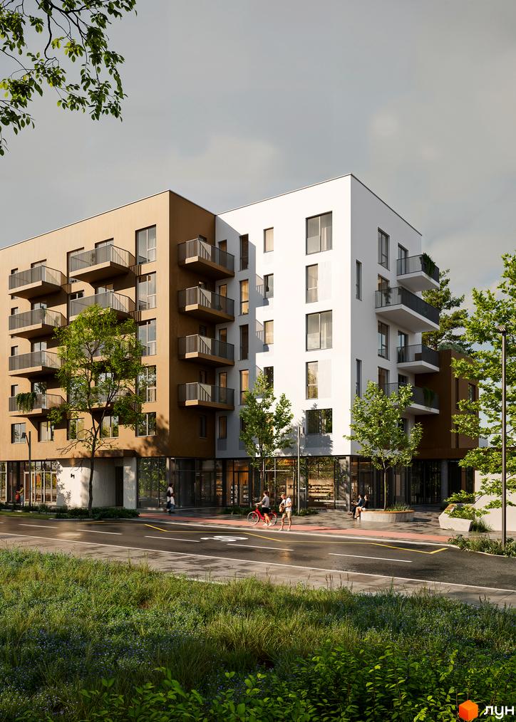 Новобудова Novolit з білою та бежевою фасадною обробкою, балконами та комерційними приміщеннями на першому поверсі. Навколо будинку облаштована прибудинкова територія з деревами та місцями для відпочинку.
