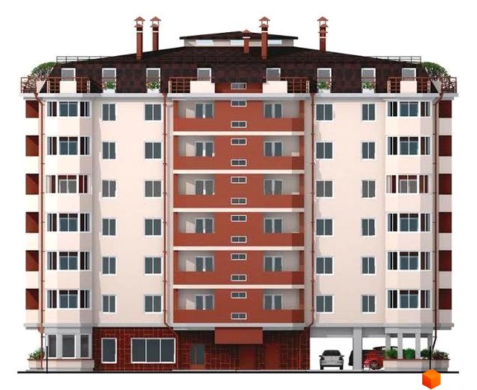 Фасад житлового комплексу Щасливі проліски з червоно-білими елементами та балконами. Біля будинку розташовані автомобілі та зелені насадження.