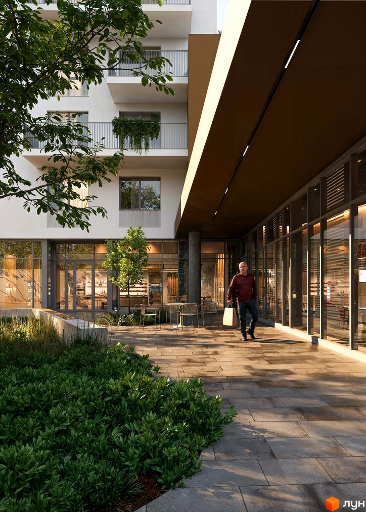 Житловий комплекс Novolit: фасади будівлі з балконами та великими вікнами, зелена прибудинкова територія з доріжками та місцями для відпочинку.