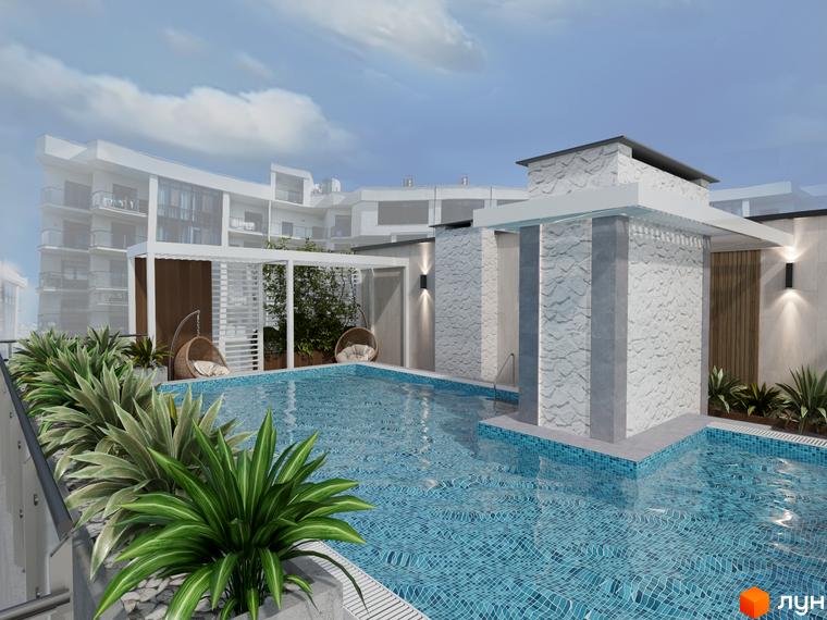 Апарт-комплекс Breeze Marine з білим багатоповерховим будинком та великим басейном на даху. Прибудинкова територія має зелені насадження та зони відпочинку.