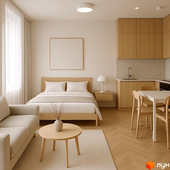 Світлий інтер'єр апартаментів-студії в Апарт-комплекс Breeze Marine з функціональними зонами та дерев'яною підлогою.