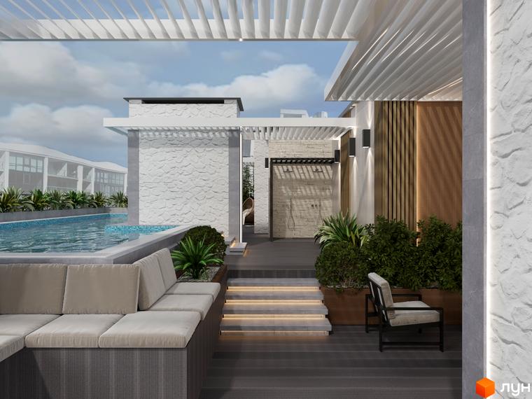 Тераса Комплексу Breeze Marine з басейном, білими кам'яними стінами та дерев'яними елементами. Зона відпочинку з диваном та зеленню.