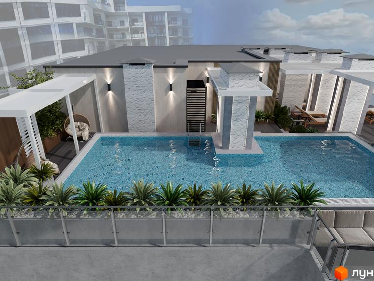 Дах Апарт-комплексу Breeze Marine з великим басейном, зонами відпочинку, білими перголами та рослинами.