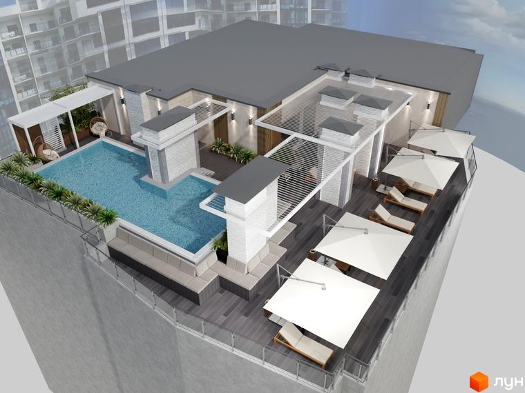 Рендер даху Апарт-комплексу Breeze Marine з великим басейном, зонами відпочинку та зеленими насадженнями.