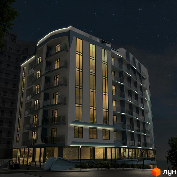 Багатоповерховий Апарт-комплекс Breeze Marine вночі з освітленими вікнами та балконами. Видно прибудинкову територію та зоряне небо.