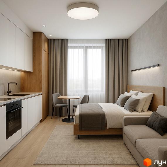 Облаштований інтер'єр студії в Апарт-комплекс Breeze Marine, що поєднує кухонну зону, спальню та вітальню.