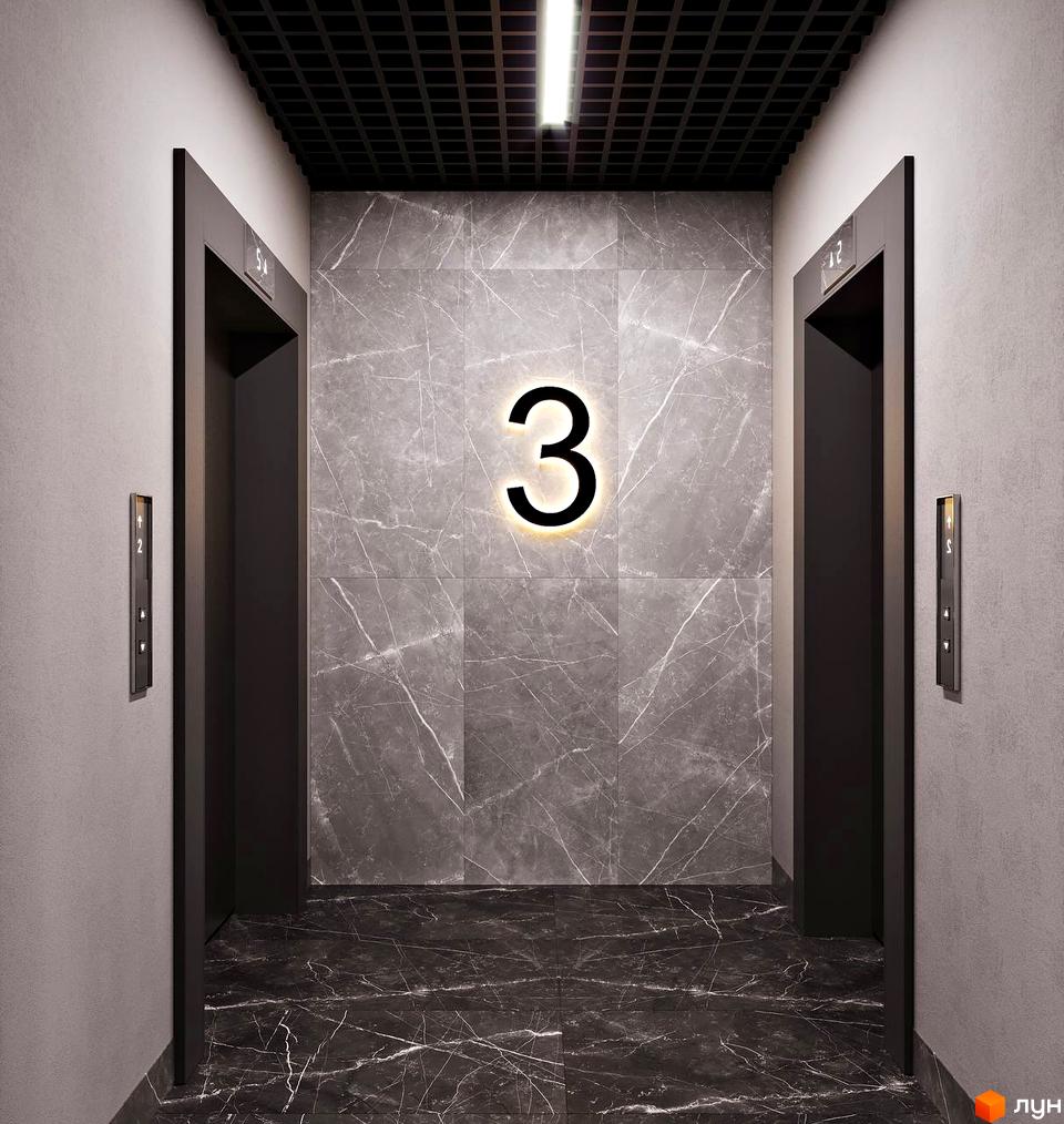Інтер'єр ліфтового холу Апарт-комплекс Breeze Marine: стіни та підлога оздоблені мармуром, на центральній стіні підсвічений номер 3.