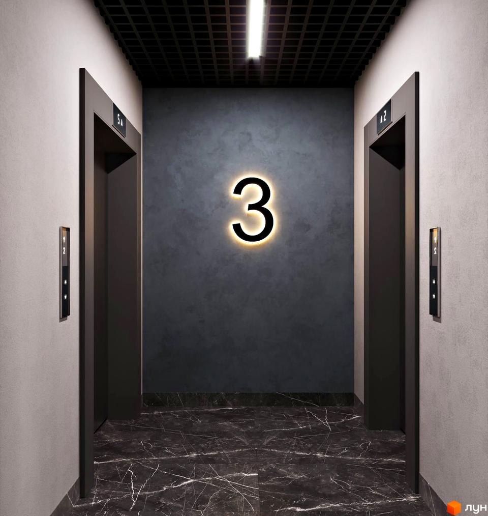 Інтер'єр холу Комплекс Breeze Marine з двома ліфтами, підсвіченим номером 3 на стіні та темною мармуровою підлогою.