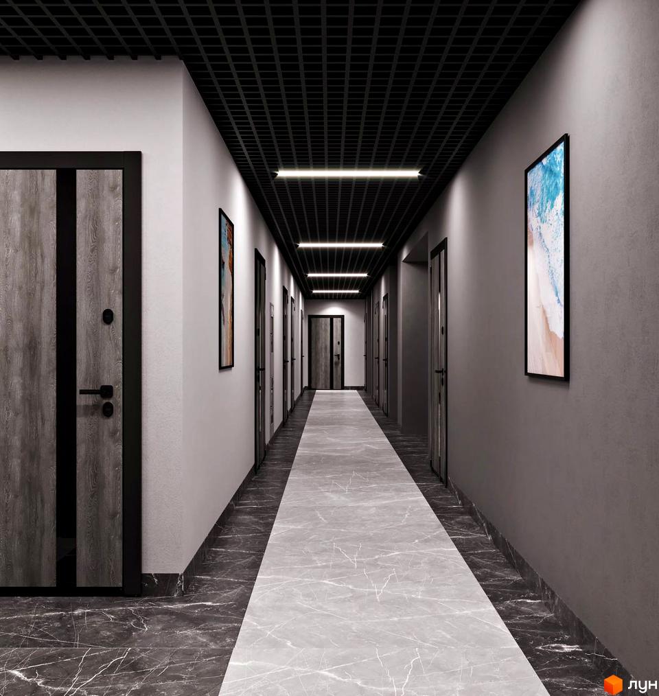 Коридор Апарт-комплексу Breeze Marine з чорною стелею, лінійним освітленням та мармуровою підлогою. Видно вхідні двері та картини на стінах.