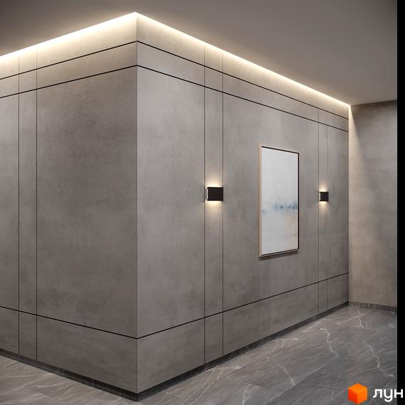 Дизайн інтер'єру холу в Апарт-комплексі Breeze Marine: стіни з сірих панелей, інтегроване освітлення та мармурова підлога.