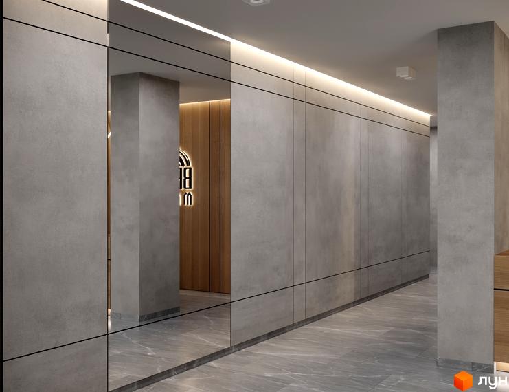 Інтер'єрний простір Комплексу Breeze Marine: довгий коридор з сірими панелями та підсвічуванням.
