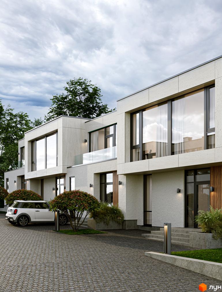 Таунхауси TERRA SOLIS SILVA з великими панорамними вікнами та світлим фасадом, розташовані на вимощеній бруківкою території з деревами та білим автомобілем.