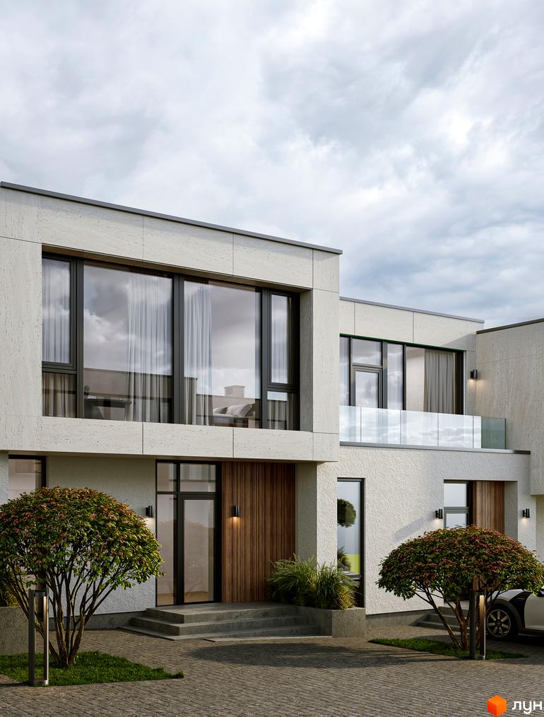 Таунхауси TERRA SOLIS SILVA з великими панорамними вікнами та дерев'яними елементами фасаду. Прибудинкова територія з доглянутими деревами та вимощеною доріжкою.