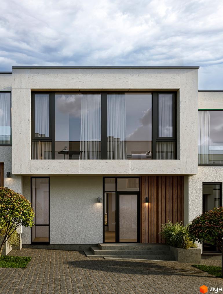 Таунхауси TERRA SOLIS SILVA з великими вікнами та дерев'яним оздобленням фасаду. Перед будинком вимощена бруківкою доріжка та зелені насадження.