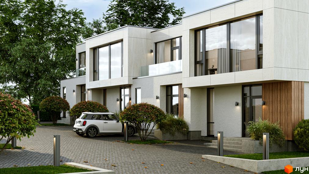 Таунхауси TERRA SOLIS SILVA з білою фасадною плиткою та дерев'яними елементами, прибудинкова територія з міні-автомобілем та освітленням.