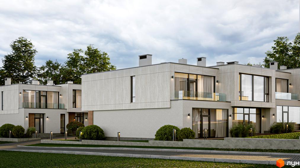 Таунхауси TERRA SOLIS SILVA - це двоповерхові будинки з великими вікнами та балконами, розташовані серед зелені.