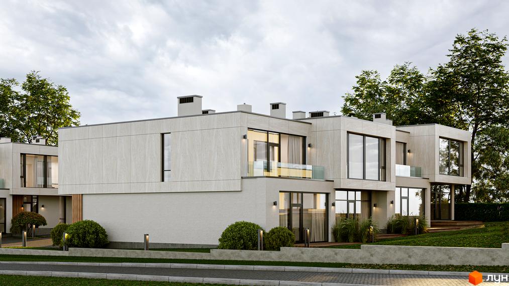 Таунхауси TERRA SOLIS SILVA - це двоповерхові будинки з великими вікнами та балконами, розташовані серед зелені та доглянутої прибудинкової території.