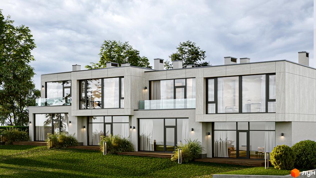 Таунхауси TERRA SOLIS SILVA з великими вікнами та скляним балконом на тлі дерев та хмарного неба. Зелена галявина з освітленням перед будинками.
