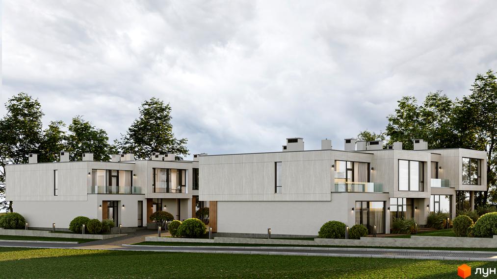 Сучасні таунхауси TERRA SOLIS SILVA з великими вікнами та скляними балконами на тлі зелених дерев. Перед будинками доглянутий газон та освітлення.