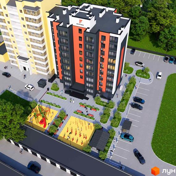 Житловий комплекс Флагман Затишний – це сучасна новобудова з яскравим фасадом та упорядкованою прибудинковою територією, що включає дитячі майданчики та зони відпочинку.