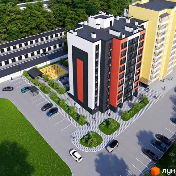 Житловий комплекс Флагман Затишний: багатоповерховий будинок з червоними та сірими фасадами, парковка та дитячий майданчик.